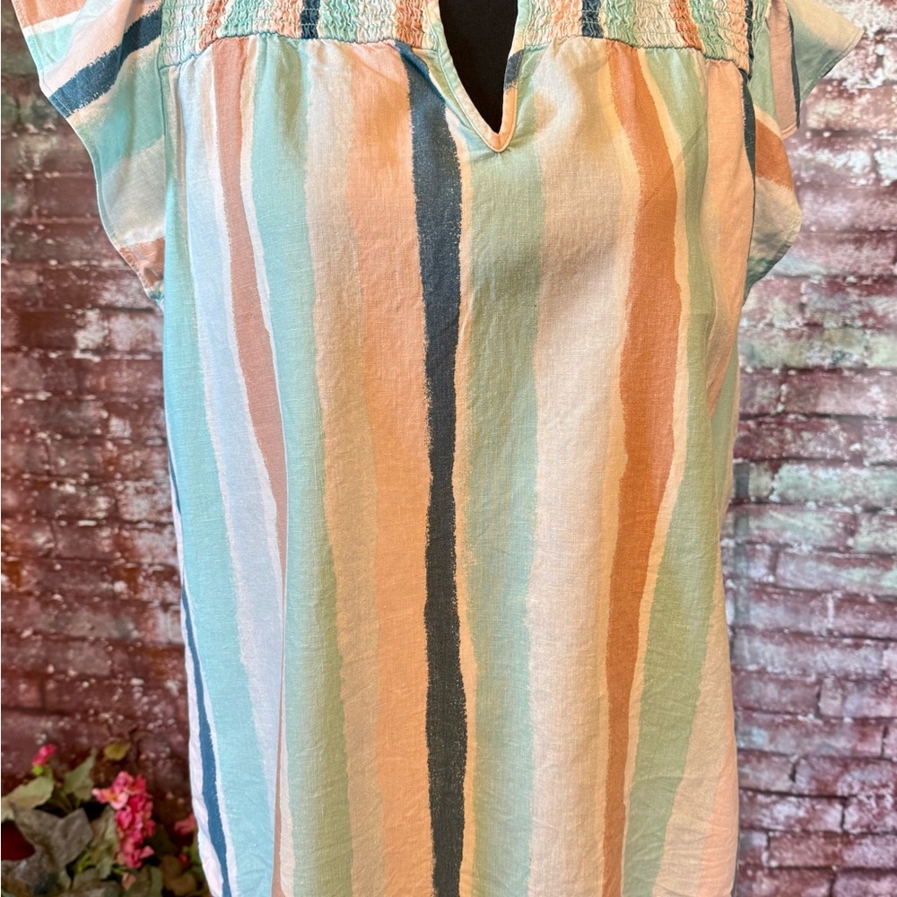 LOFT Striped V-Notch Tunic in Mint, Peach & Navy